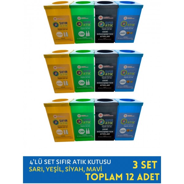 Geri Dönüşüm Kutusu Seti - 3 Takım (12 ADET) Sıfır Atık Kutusu, Otel, Pansiyon, Fabrika, Işyeri - ÜCRETSİZ KARGO